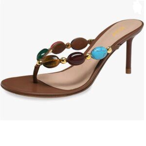 miss left Saddle Brown Jewelled Open Toe Flip Flops High Heel Slip on Sandals